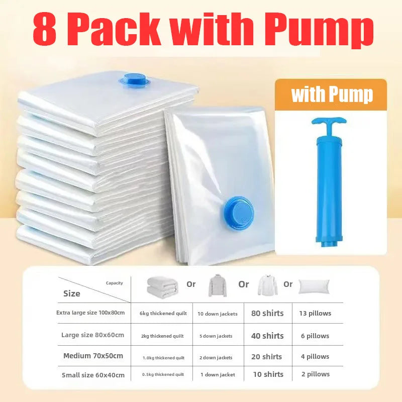 8-Pack Vacuum Storage Bags with Hand Pump - Space Saver