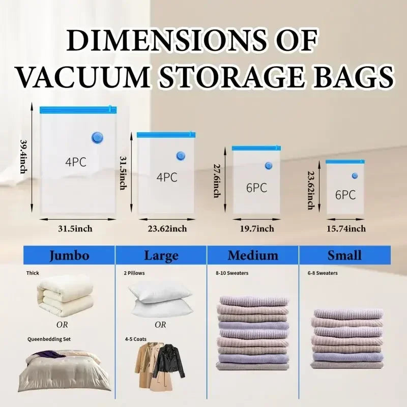 8-Pack Vacuum Storage Bags with Hand Pump - Space Saver
